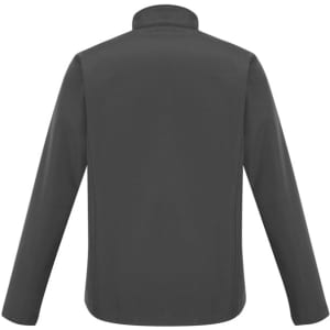 A grey jacket with long sleeves and a high collar, featuring a logo on the back.