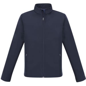 A navy jacket with a zip front, long sleeves, and side pockets. It features a branding logo.