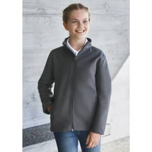 A grey jacket featuring a zip front and a high collar, displayed by a smiling girl. The jacket also has two side pockets.