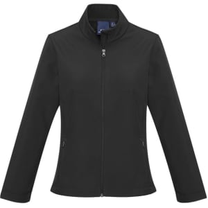 A black soft shell jacket featuring a high collar and zip front, with two side pockets and a branding logo.