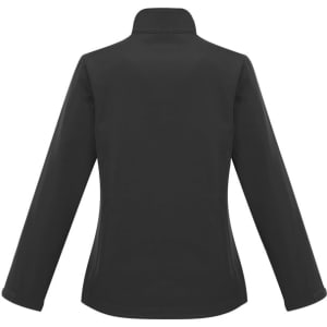 A black women's soft shell jacket featuring a high collar and long sleeves. It has a logo on the back.