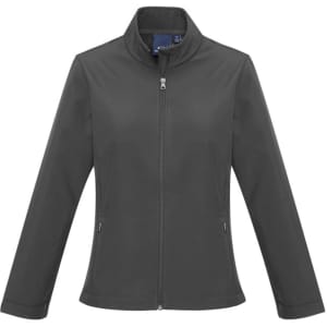 A soft shell women's jacket in a dark grey colour, featuring a collar and full zip, with side pockets and a logo.