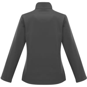 A soft shell jacket in dark grey, featuring a simple design and a collar. Includes a logo on the back.
