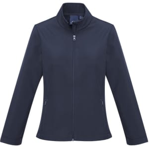 A dark navy soft shell jacket with a high collar and zipped front, featuring side pockets and a logo.
