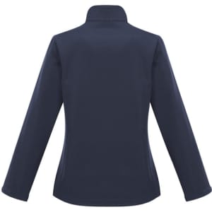 A women's soft shell jacket in navy blue, featuring a high collar and long sleeves. Branding is present.