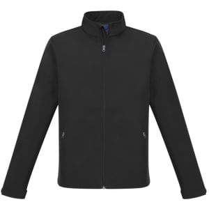 A black soft shell jacket with a zippered front, featuring a collar and long sleeves, with pockets.