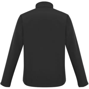 A black soft shell jacket with a high collar and long sleeves, featuring a logo on the back.