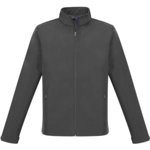 A soft shell jacket in grey with long sleeves and a high collar, featuring zippered pockets and a logo.