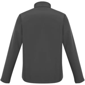 A men's soft shell jacket in dark grey, featuring long sleeves and a collar, with a logo on the back.