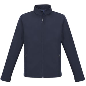 Navy men's soft shell jacket with a zip front and two side pockets, featuring a logo.
