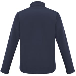 A men's soft shell jacket in navy blue, featuring long sleeves and a high collar. It has a logo on the back.