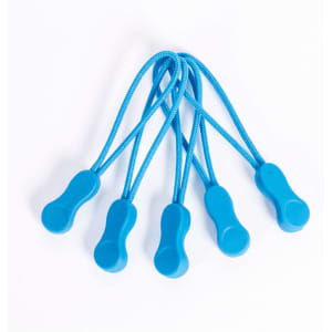 Five blue Zippies with loops, designed for attaching or securing various items. They feature a smooth, rounded shape.
