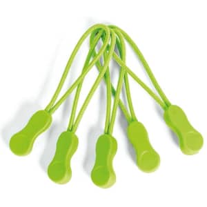 Five green Zippies with flexible cords, designed as clothing accessories. Each has a smooth, rounded grip.