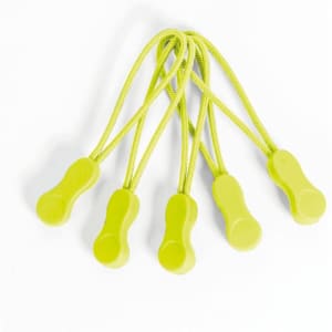 Five light green Zippies clothing accessories with flexible loops. Each features a rounded grip and a thin cord.