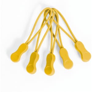 Five yellow Zippies with flexible cords, designed as clothing accessories, grouped together in a single image.