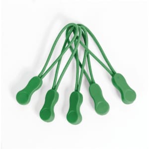 A set of five green Zippies with rubber grips and expandable cords for securing items together.