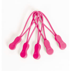 Five pink Zippies with elastic cords, featuring a smooth grip design. Each has a small branding logo.