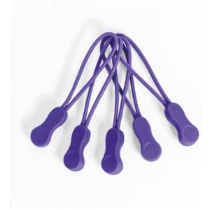 Five purple Zippies with elastic cords and grip handles arranged together.