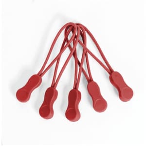 Red Zippies featuring flexible loops, designed for various clothing accessories, with a logo on one piece.