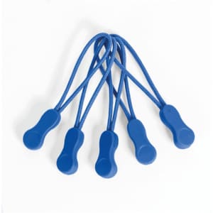 Five blue Zippies clothing accessory clips with elastic loops. Each clip features a smooth, rounded shape.