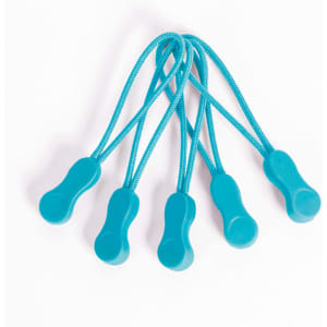 Five turquoise Zippies with flexible cords, designed as clothing accessories for securing or fastening items.