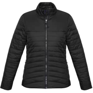 A black women's puffer jacket with a zip front and ribbed collar, featuring side pockets and a logo.