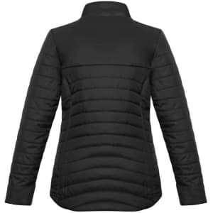 A black puffer jacket with a high collar and textured stitching, featuring a logo on the back.