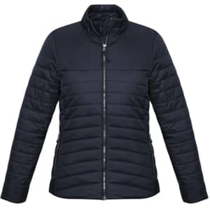 A women's puffer jacket in navy blue with a zip front and side pockets, featuring a logo on the design.