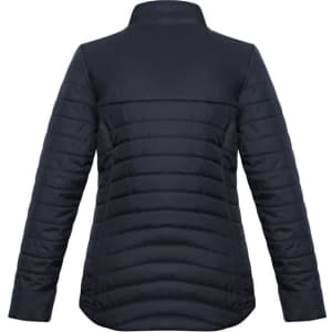 A women's puffer jacket in navy blue, featuring a high collar and a sleek, quilted design.