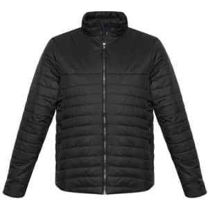 A black puffer jacket with a zip front and a stand-up collar, featuring side pockets and a logo.