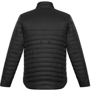 A black puffer jacket with a quilted design and a high collar, featuring a logo.