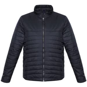 A men's puffer jacket in black with a zip front and a high collar. It has a branded logo on it.