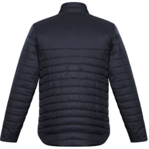A mens puffer jacket in black, featuring a quilted texture and a high collar, with a logo on the back.