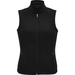 A black women's vest with a high collar and a front zip, featuring side pockets and a fitted design.