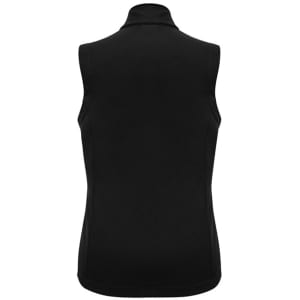 A black women's apex vest featuring a high collar and a fitted design, with a branding logo present.