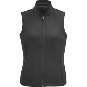 A women's black vest with a high collar, zip front, and two side pockets, featuring a logo.