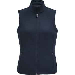A black women's vest with a zipped front, featuring a high collar and side pockets.