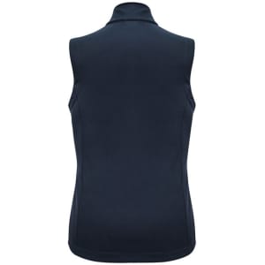 A navy women's vest featuring a high collar and no sleeves, with a logo on the back.