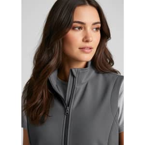 A women's grey vest with a high collar and a zip front, featuring a sleek design and a logo.
