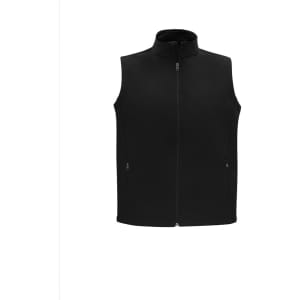 A black men's vest with a high collar and a full zip, featuring side pockets and a logo.