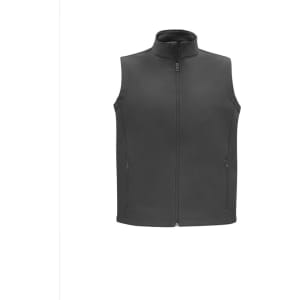 A grey men's vest features a zip front and side pockets, with a logo on the chest.