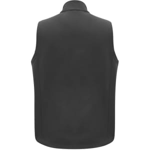 A grey men's vest featuring a high collar and no sleeves, with a logo on the back.