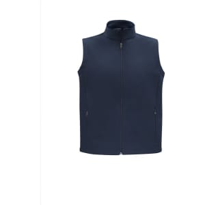 A navy vest with a high collar and zip closure, featuring two side pockets and a logo.