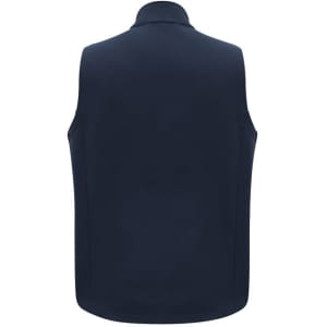 A navy men's vest with a high collar and no sleeves, featuring a logo on the back.