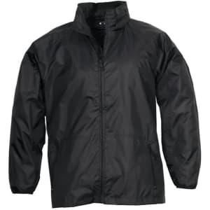 A black unisex rain jacket with a zip front and elastic cuffs. The jacket features a branding logo.