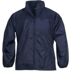 A navy unisex spinnaker jacket with long sleeves and a zip front, featuring a logo on the chest.