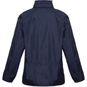 A navy unisex Spinnaker jacket with a simple design, featuring a logo on the back and a cinched waist.