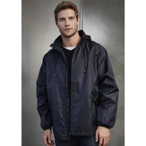 A unisex rain jacket in navy blue, featuring a hood and front zippers. It has a logo on the side.