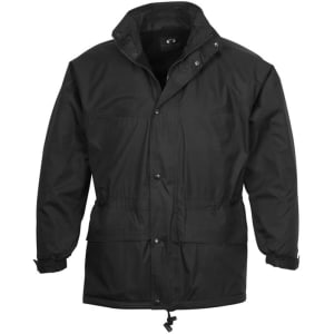 A black unisex puffer jacket featuring a detachable hood and adjustable drawstring at the waist. It has a logo present.