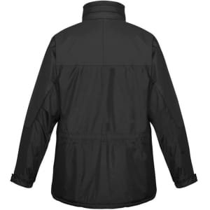 A black unisex puffer jacket featuring a high collar and adjustable cuffs, with a logo on the design.